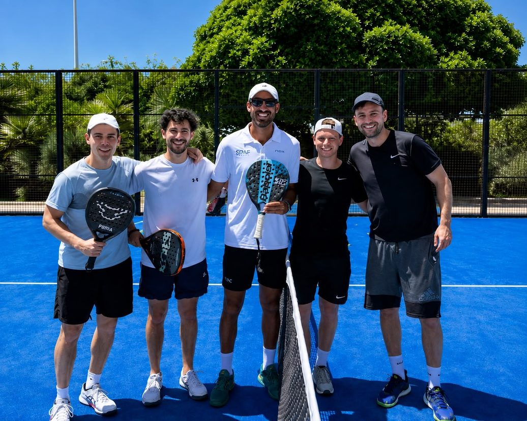 A group of players with their rackets by the net after a session