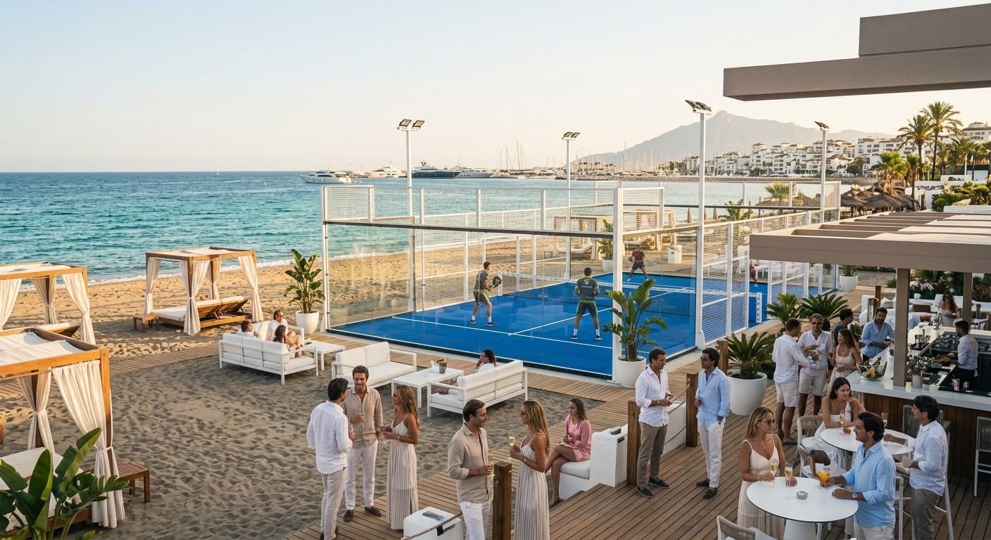 A beach club in Marbella with a padel court on the sand and the sea behind